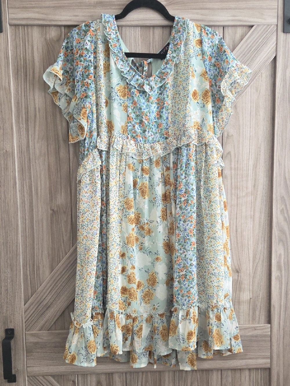 Women's Boho Floral Ruffle Dress in Light Blue and Yellow